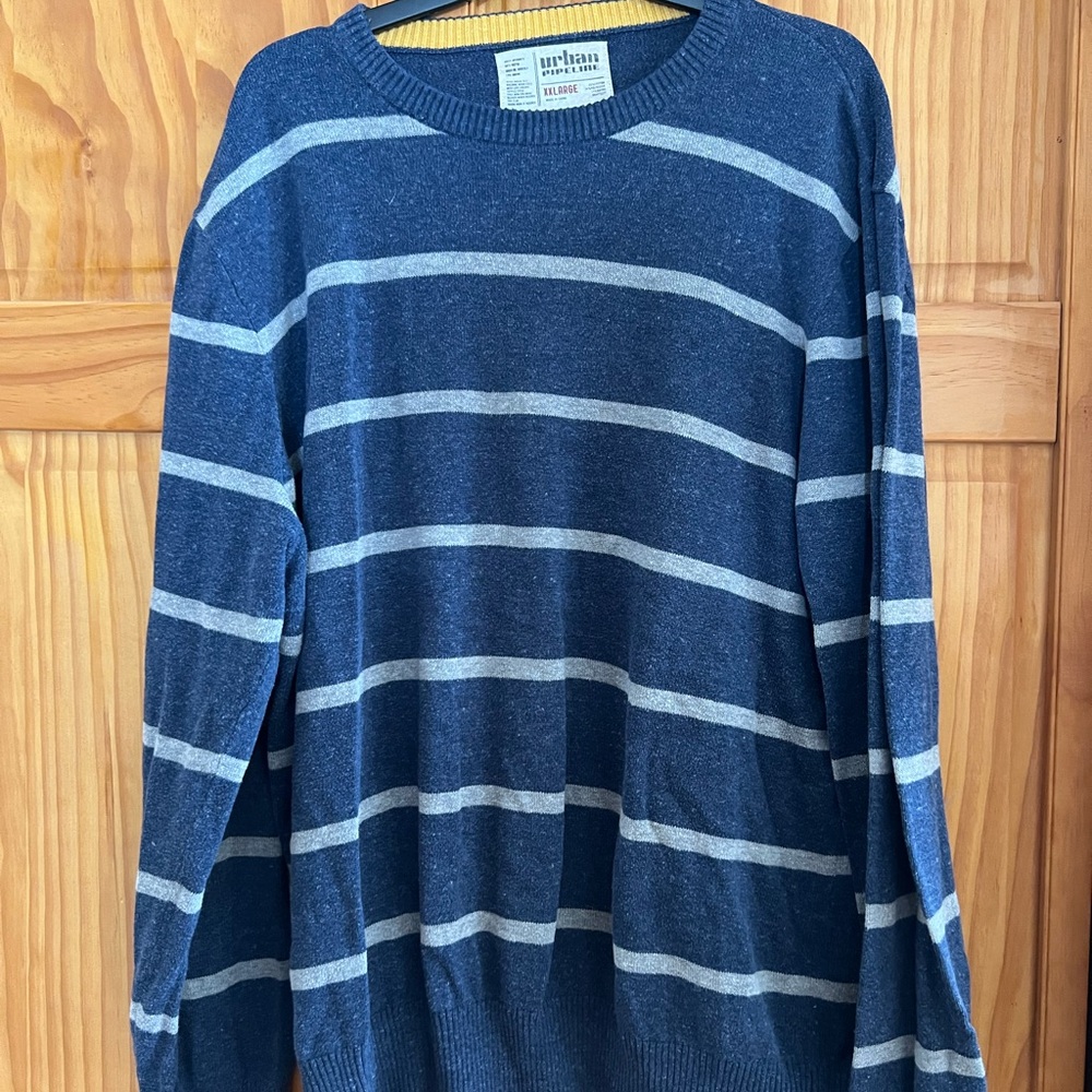 Blue and Gray Striped Crewneck Sweater